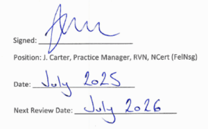 Signed by J. Carter, Practice manager. Dated July 2025